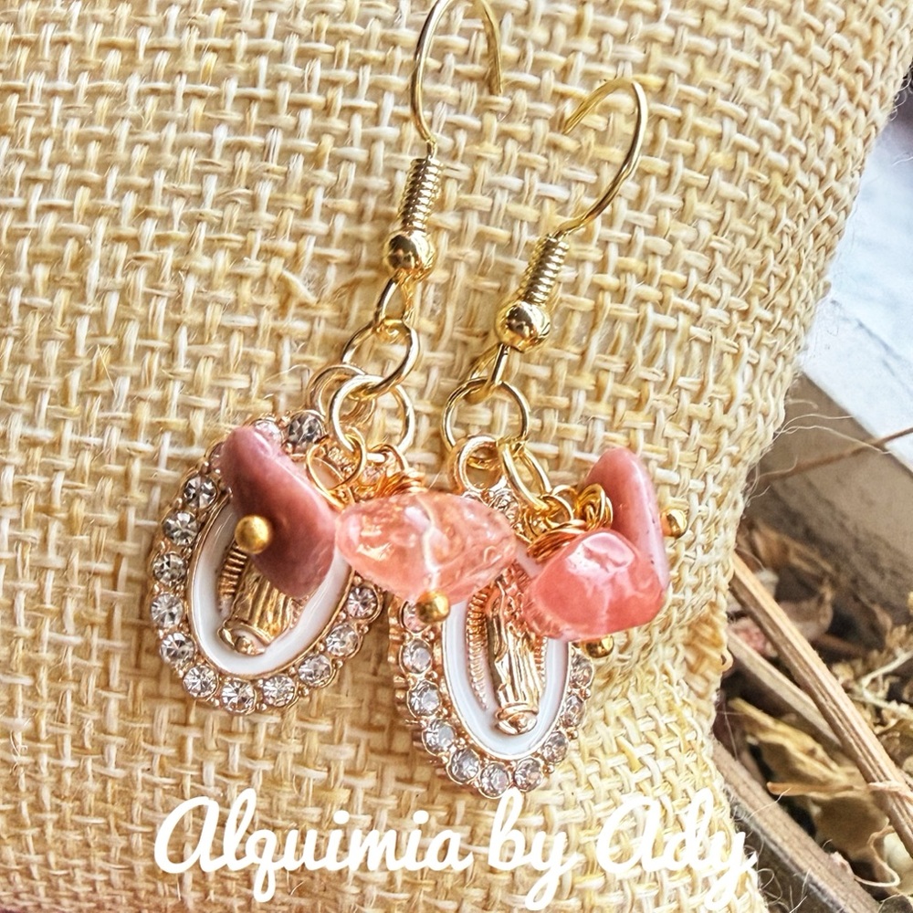 Gold and Pink Stones Earrings + VIRGIN MARY+QUARTZ+RHODONITE+MOONSTONE